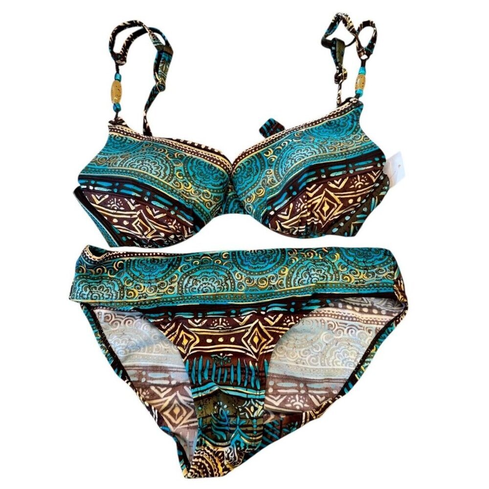 Bikini Set 2 Piece Swimsuit Turquoise Brown Patterned Beach Pool Party